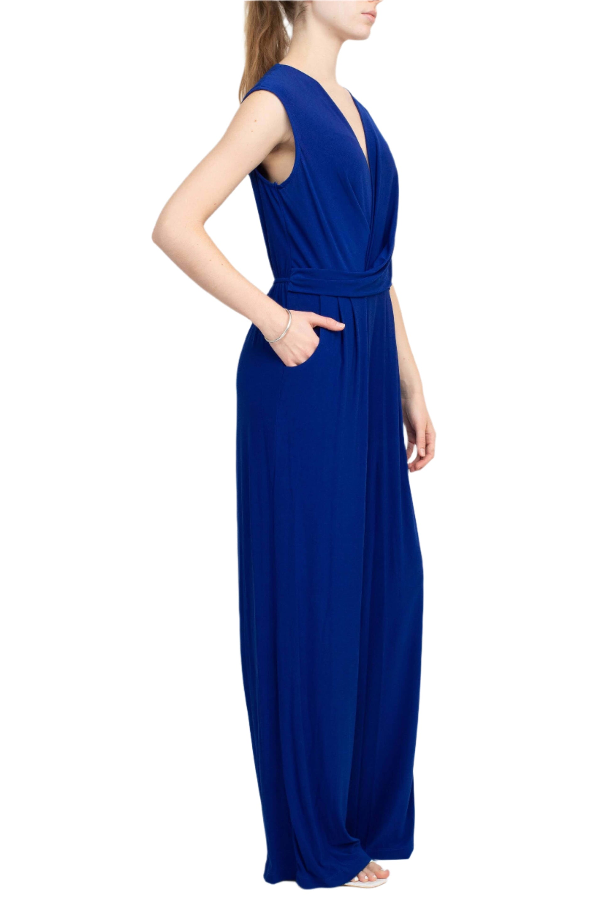 Emma & Michele V-Neck Cap Sleeve Draped Ruched Solid Keyhole Back ITY Jumpsuit with Pockets-1
