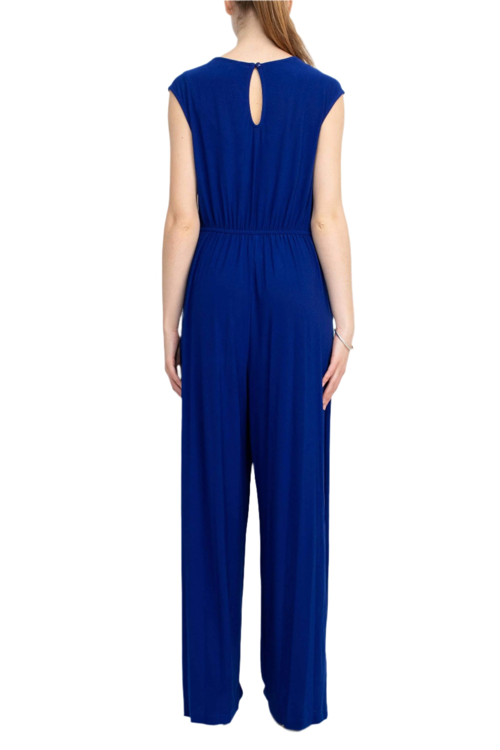 Emma & Michele V-Neck Cap Sleeve Draped Ruched Solid Keyhole Back ITY Jumpsuit with Pockets-2