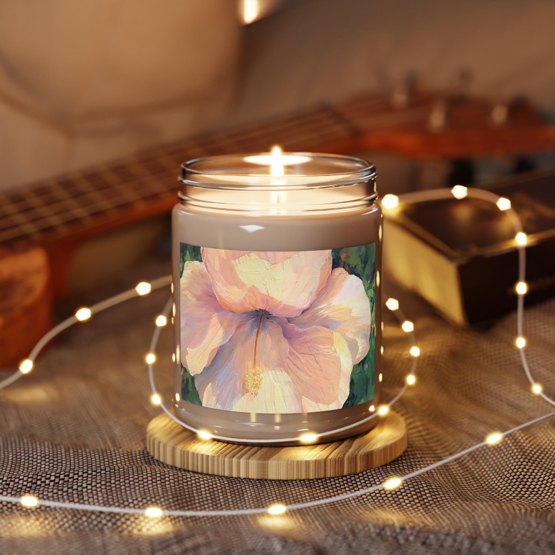 9oz Eco-Friendly Scented or Unscented Soy Wax Candle Jar  with 'Hibiscus' Floral Artwork by American Artist Barbara Cleary-4