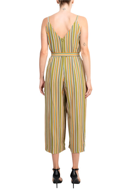 Emma & Michele Banded Strap V-Neck Side Button Zipper Back Tie Waist Stripe Print Crepe Jumpsuit-2