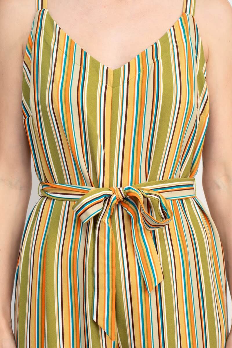 Emma & Michele Banded Strap V-Neck Side Button Zipper Back Tie Waist Stripe Print Crepe Jumpsuit-3