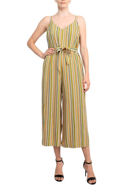 Emma & Michele Banded Strap V-Neck Side Button Zipper Back Tie Waist Stripe Print Crepe Jumpsuit-0