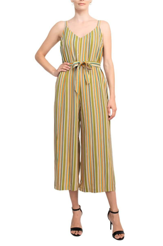 Emma & Michele Banded Strap V-Neck Side Button Zipper Back Tie Waist Stripe Print Crepe Jumpsuit-0