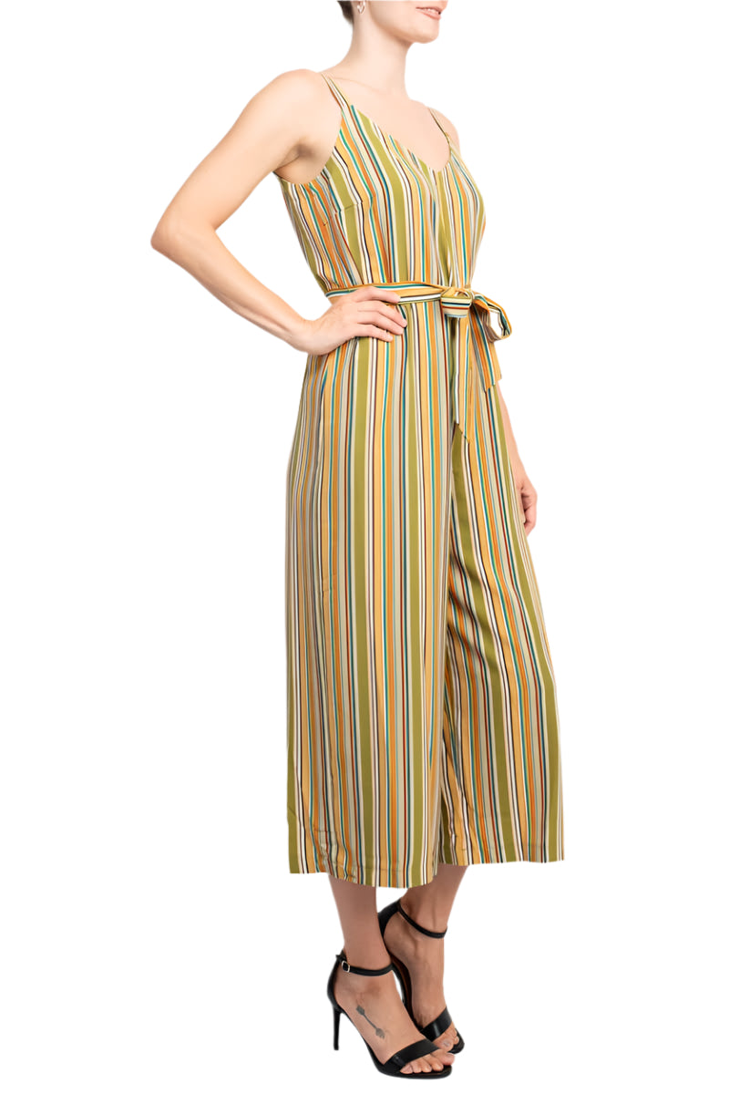 Emma & Michele Banded Strap V-Neck Side Button Zipper Back Tie Waist Stripe Print Crepe Jumpsuit-1