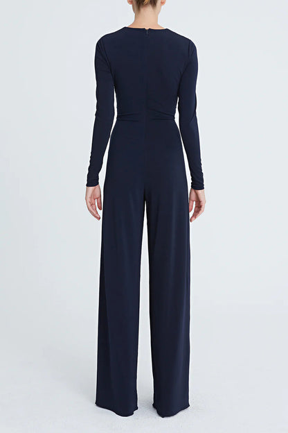 Halston Crew Neck Long Sleeve Keyhole Crossed Front Waist Cutout Solid Jersey Jumpsuit-2