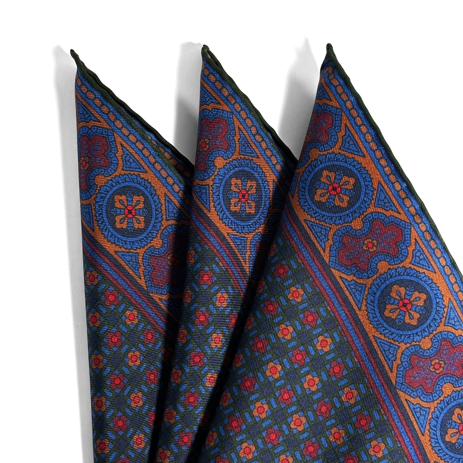 Forest Green & Bronze Small Geometric Ancient Madder Silk Pocket Square-1