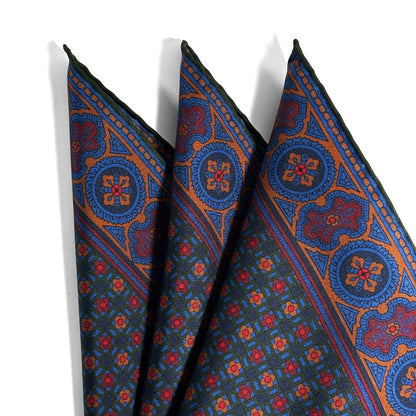 Forest Green & Bronze Small Geometric Ancient Madder Silk Pocket Square-1
