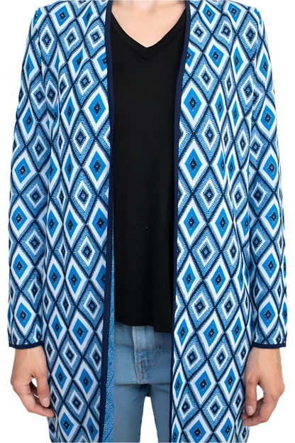 Kasper Open Front Piping Detail Diamond Jacquard Cardigan-4