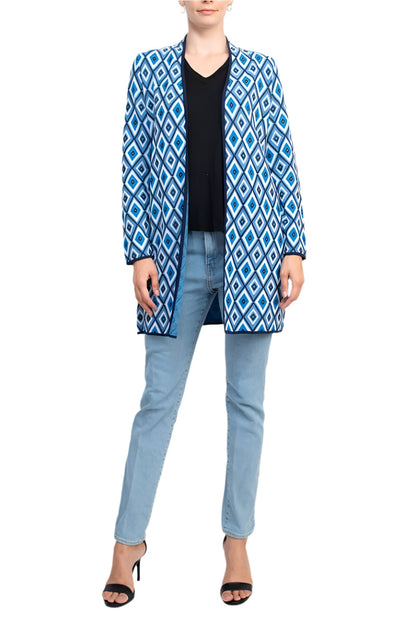 Kasper Open Front Piping Detail Diamond Jacquard Cardigan-3