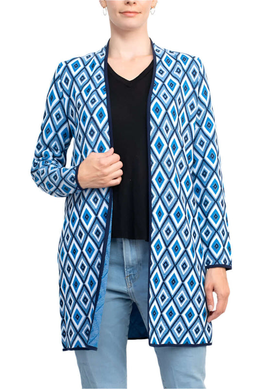 Kasper Open Front Piping Detail Diamond Jacquard Cardigan-0