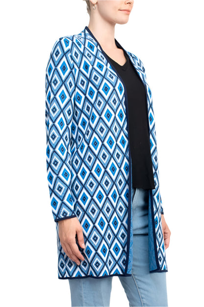 Kasper Open Front Piping Detail Diamond Jacquard Cardigan-1