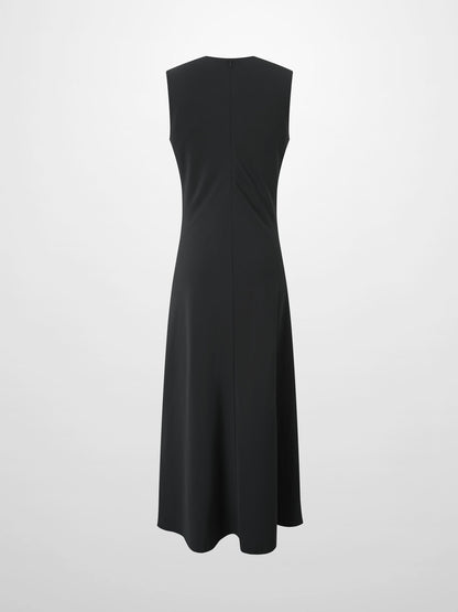 Faux Satin Crew Neck Slip Dress-Black-1