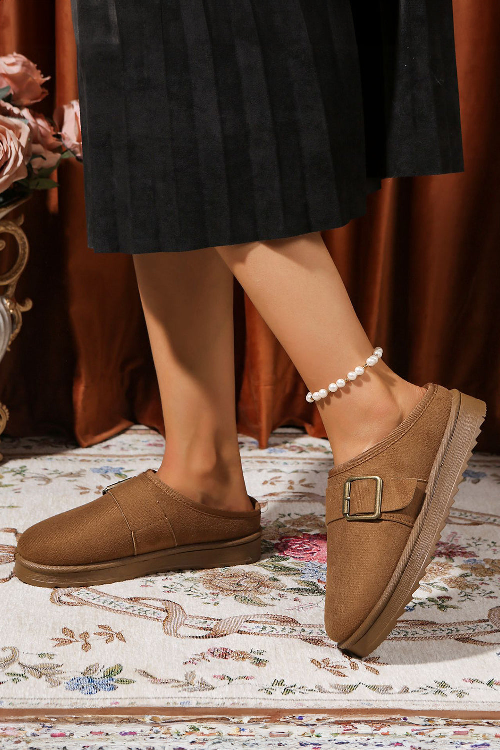 Jasmine Faux Suede Buckle Strap Detail Winter Slippers-1
