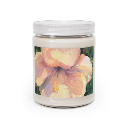 9oz Eco-Friendly Scented or Unscented Soy Wax Candle Jar  with 'Hibiscus' Floral Artwork by American Artist Barbara Cleary-0