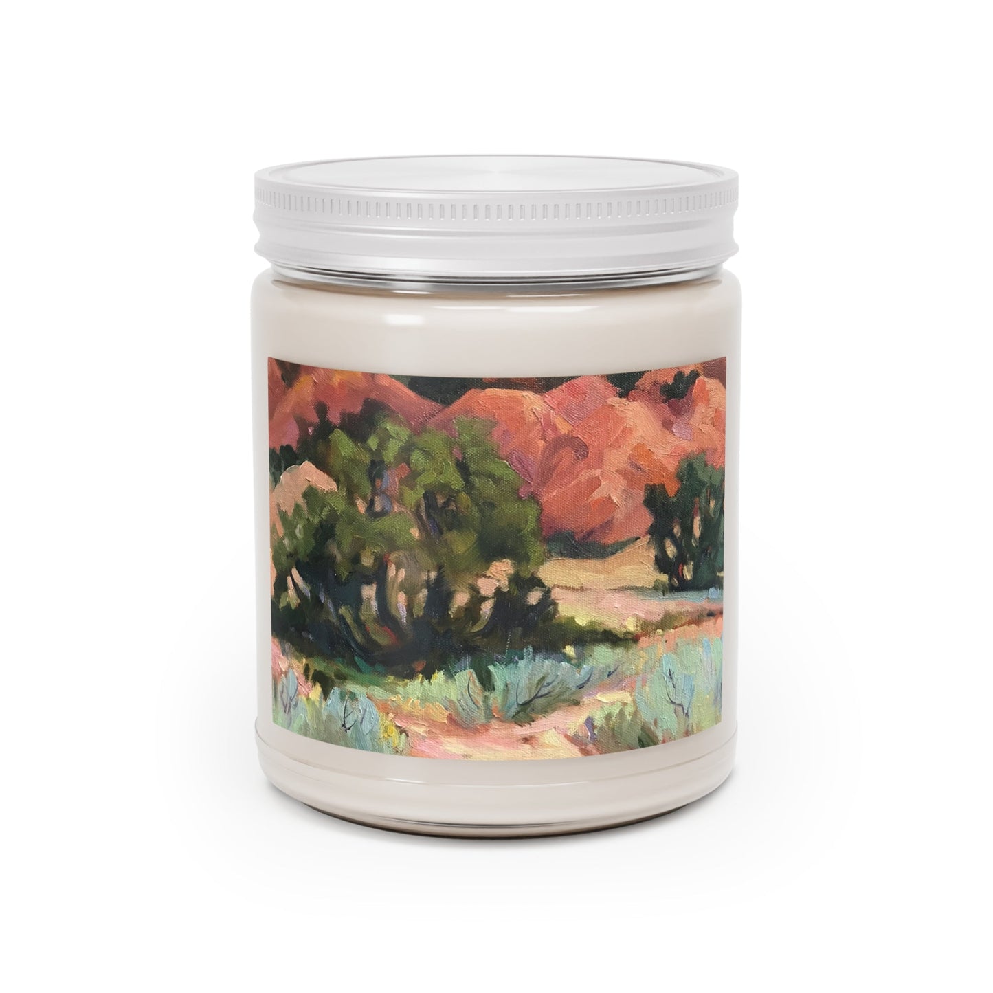 9oz Eco-Friendly Scented or Unscented Soy Wax Candle Jar  with 'Mesa at Ghost Ranch' Southwestern Artwork by American Artist Barbara Cleary-0