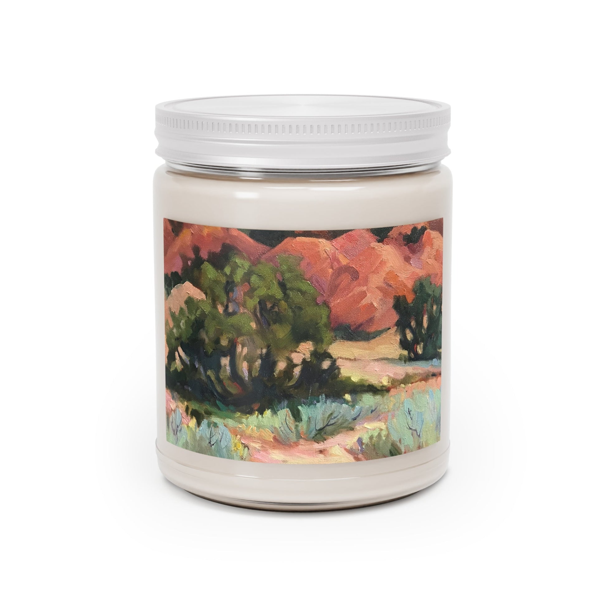 9oz Eco-Friendly Scented or Unscented Soy Wax Candle Jar  with 'Mesa at Ghost Ranch' Southwestern Artwork by American Artist Barbara Cleary-0