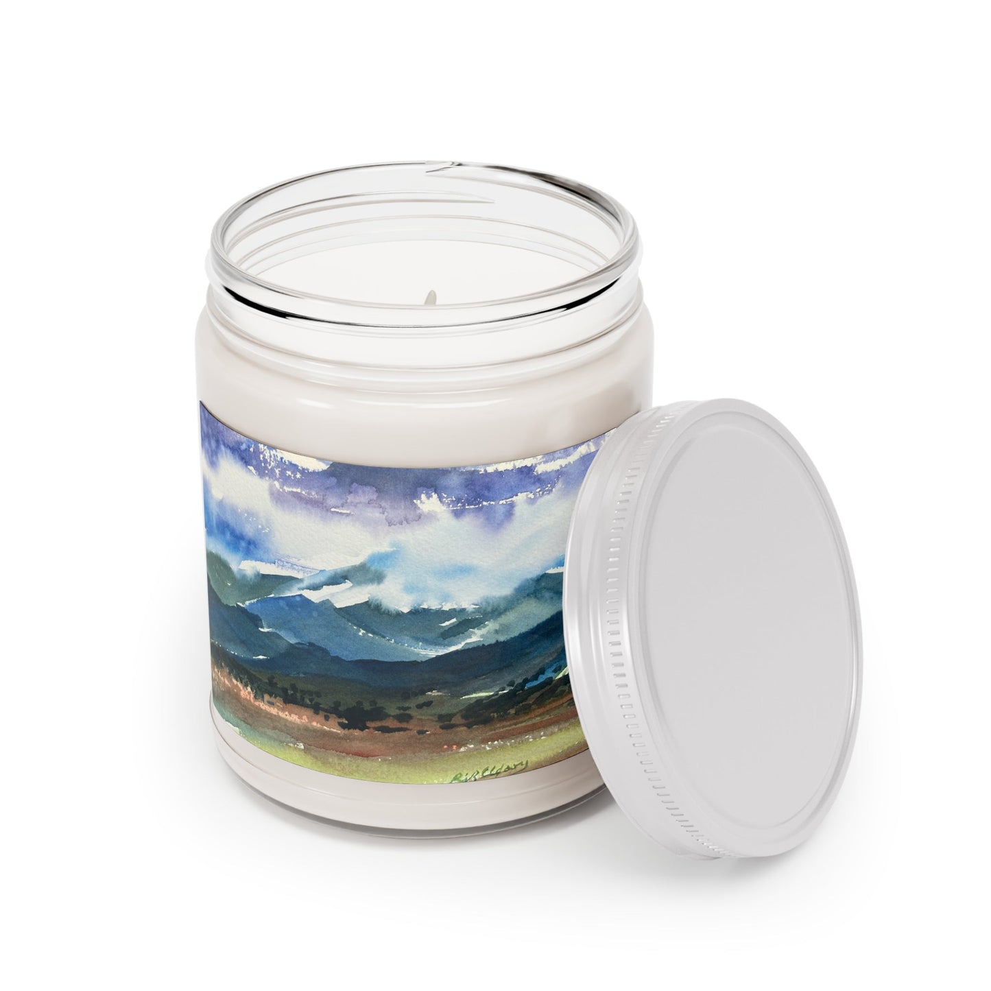 9oz Eco-Friendly Scented or Unscented Soy Wax Candle Jar with 'Tranquil Mountain View 3' Artwork by American Artist Barbara Cleary-1