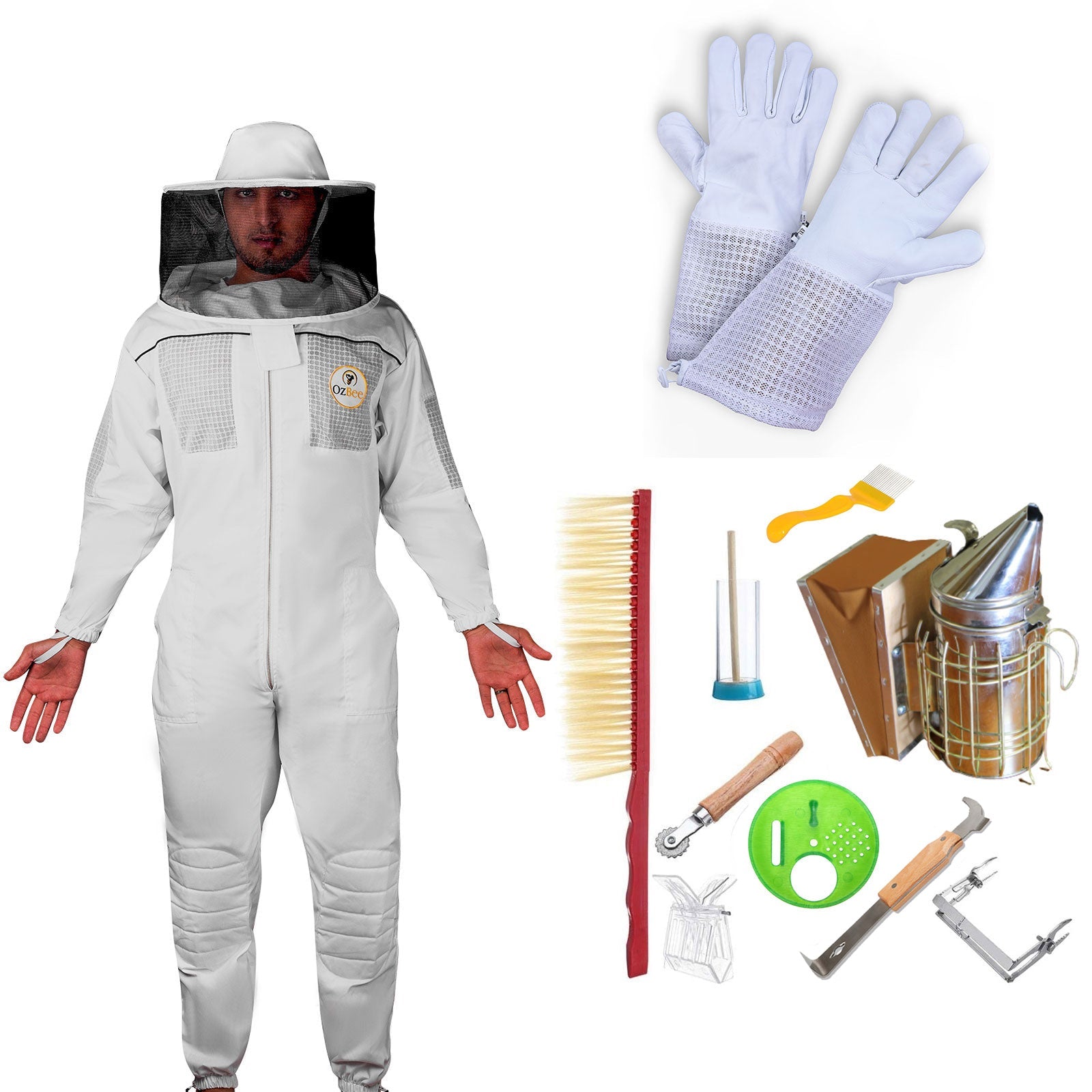 Beekeeping Starter Kit For Beekeepers With OZ Bee Semi Ventilated Round Head Suit Protective Gear-0