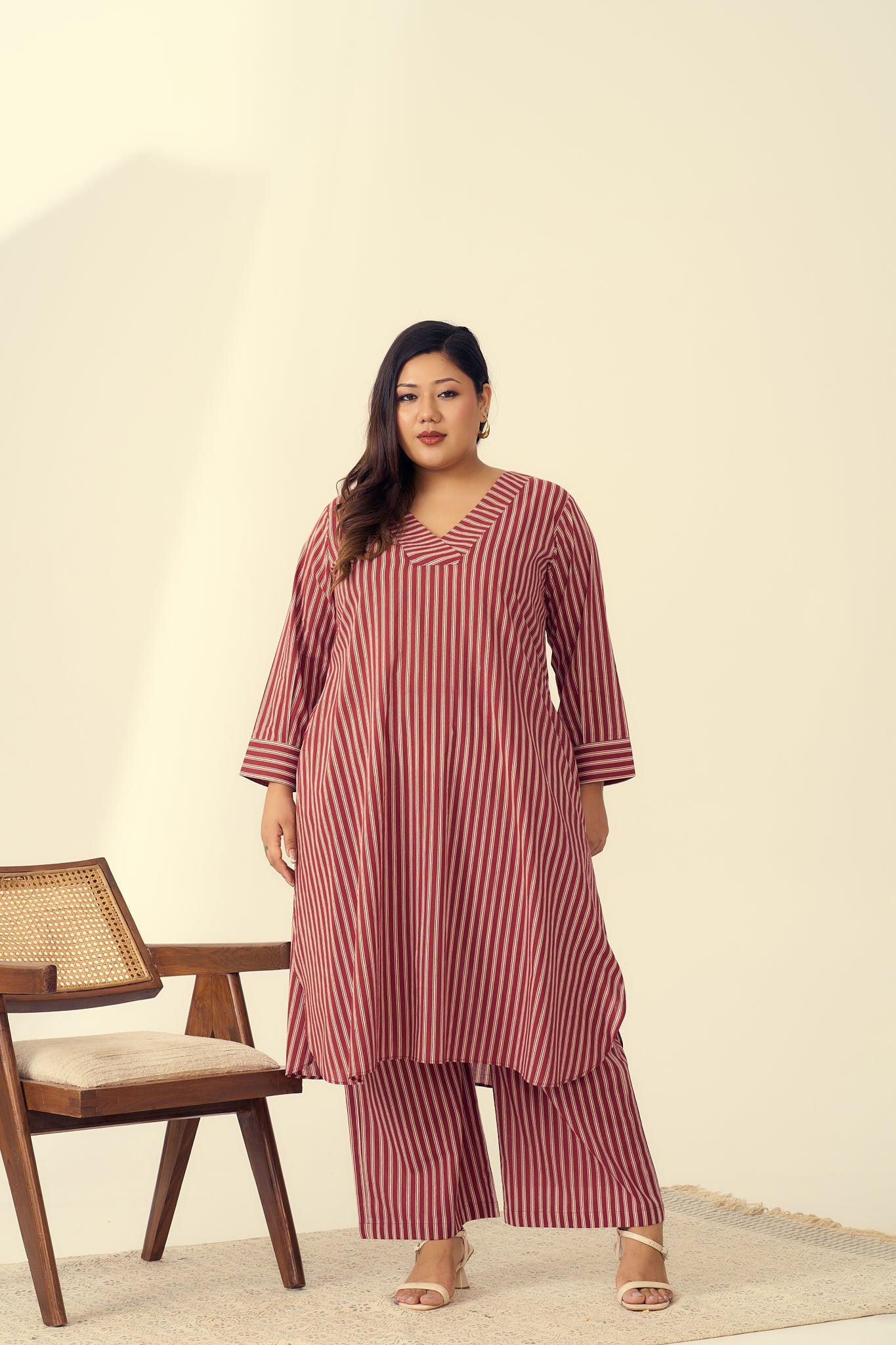 Deep Red Striped Cotton Co-ord Set-2