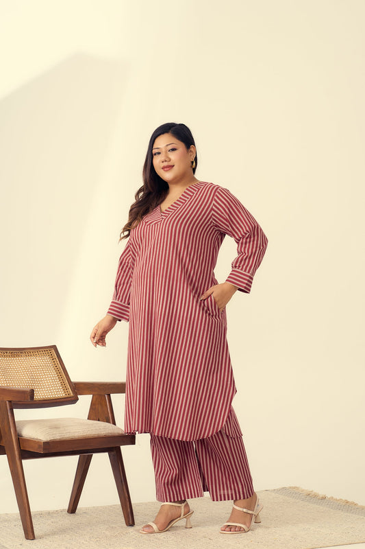 Deep Red Striped Cotton Co-ord Set-0