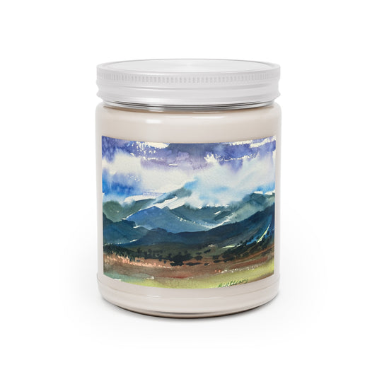 9oz Eco-Friendly Scented or Unscented Soy Wax Candle Jar with 'Tranquil Mountain View 3' Artwork by American Artist Barbara Cleary-0