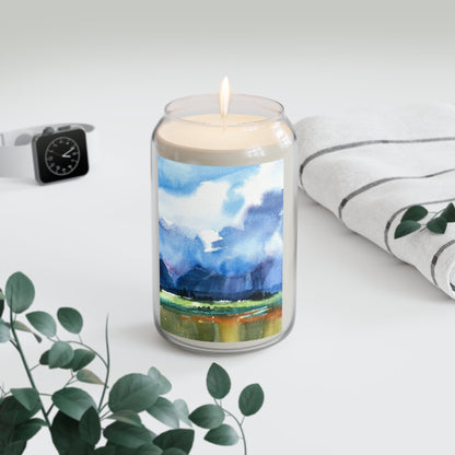 13.75oz Eco-Friendly Scented or Unscented Soy Wax Candle Jar with 'Tranquil Mountain View 4' Landscape Watercolor Artwork by American Artist Barbara Cleary-2