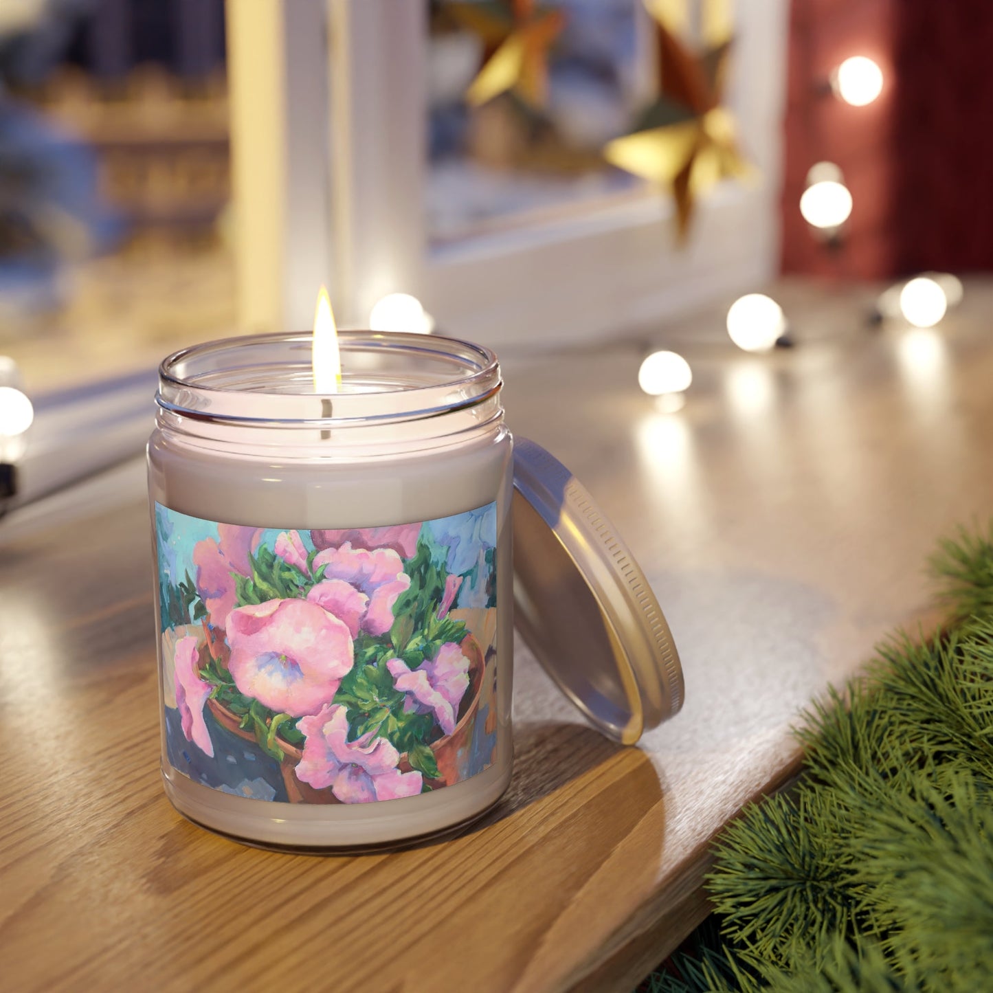 9oz Eco-Friendly Scented or Unscented Soy Wax Candle Jar with 'Pink Petals in Bloom' Artwork by American Artist Barbara Cleary-3