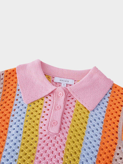 Mesh Striped Polo Sweater-Pink-2