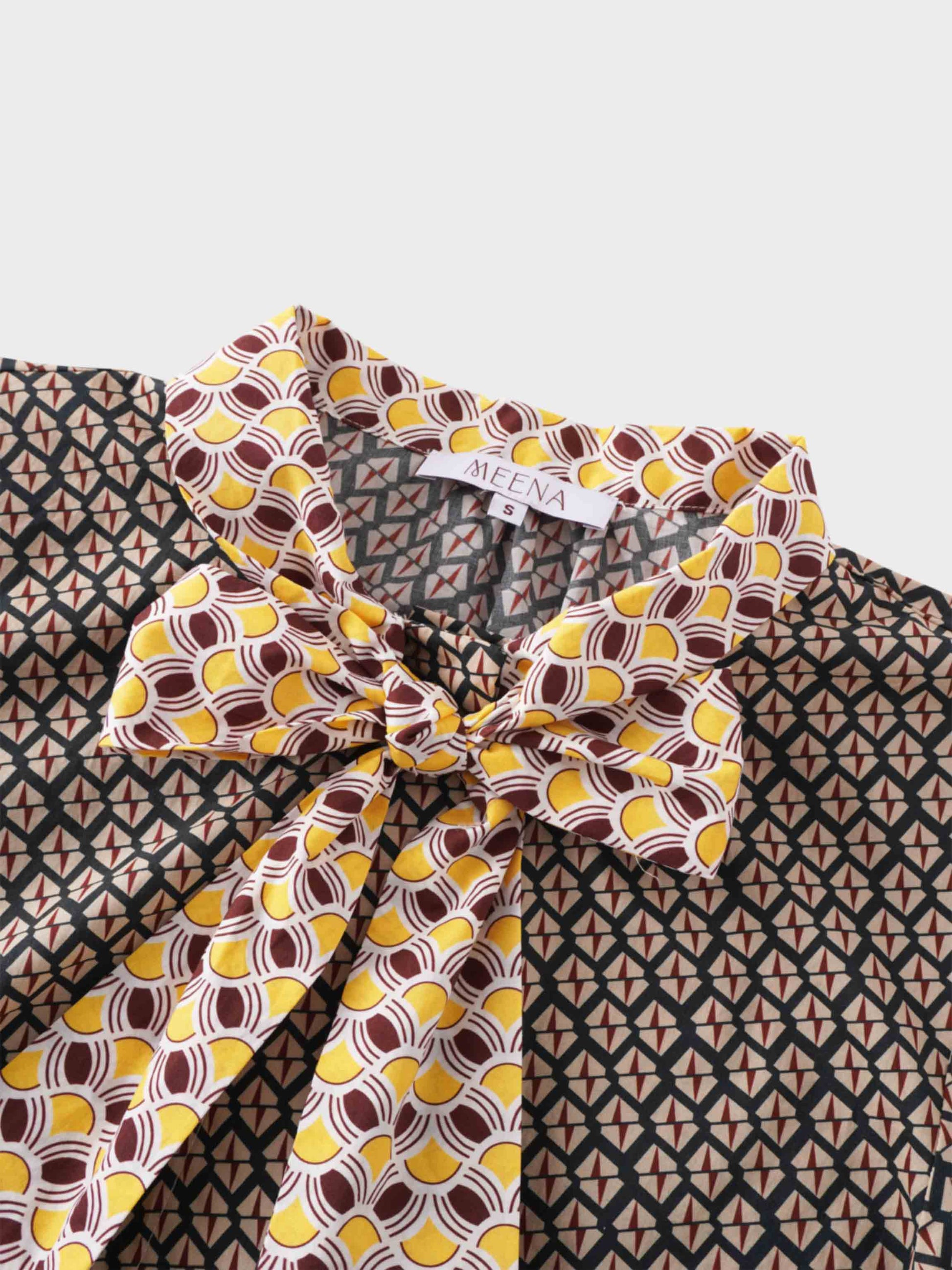 Cotton Bow Blouse-Two Tone Geometric-4
