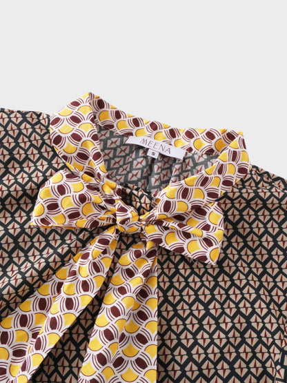 Cotton Bow Blouse-Two Tone Geometric-4