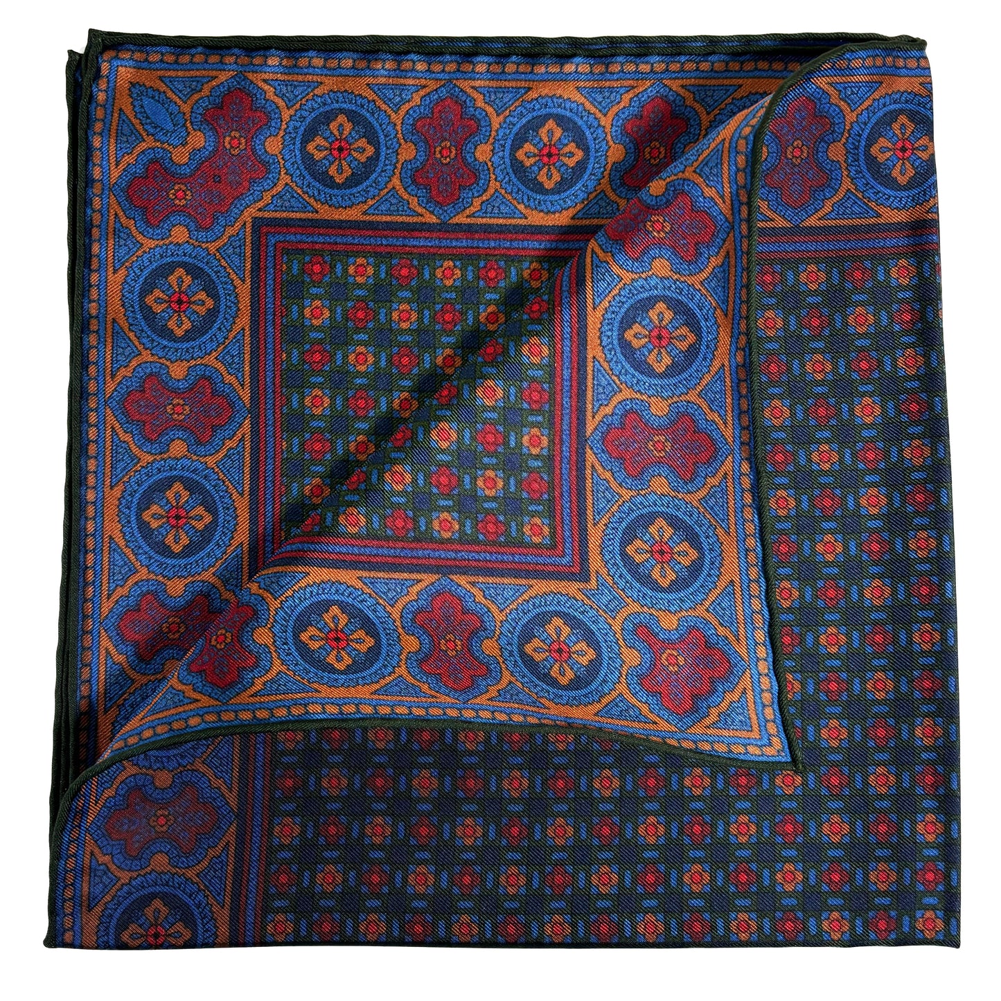 Forest Green & Bronze Small Geometric Ancient Madder Silk Pocket Square-2