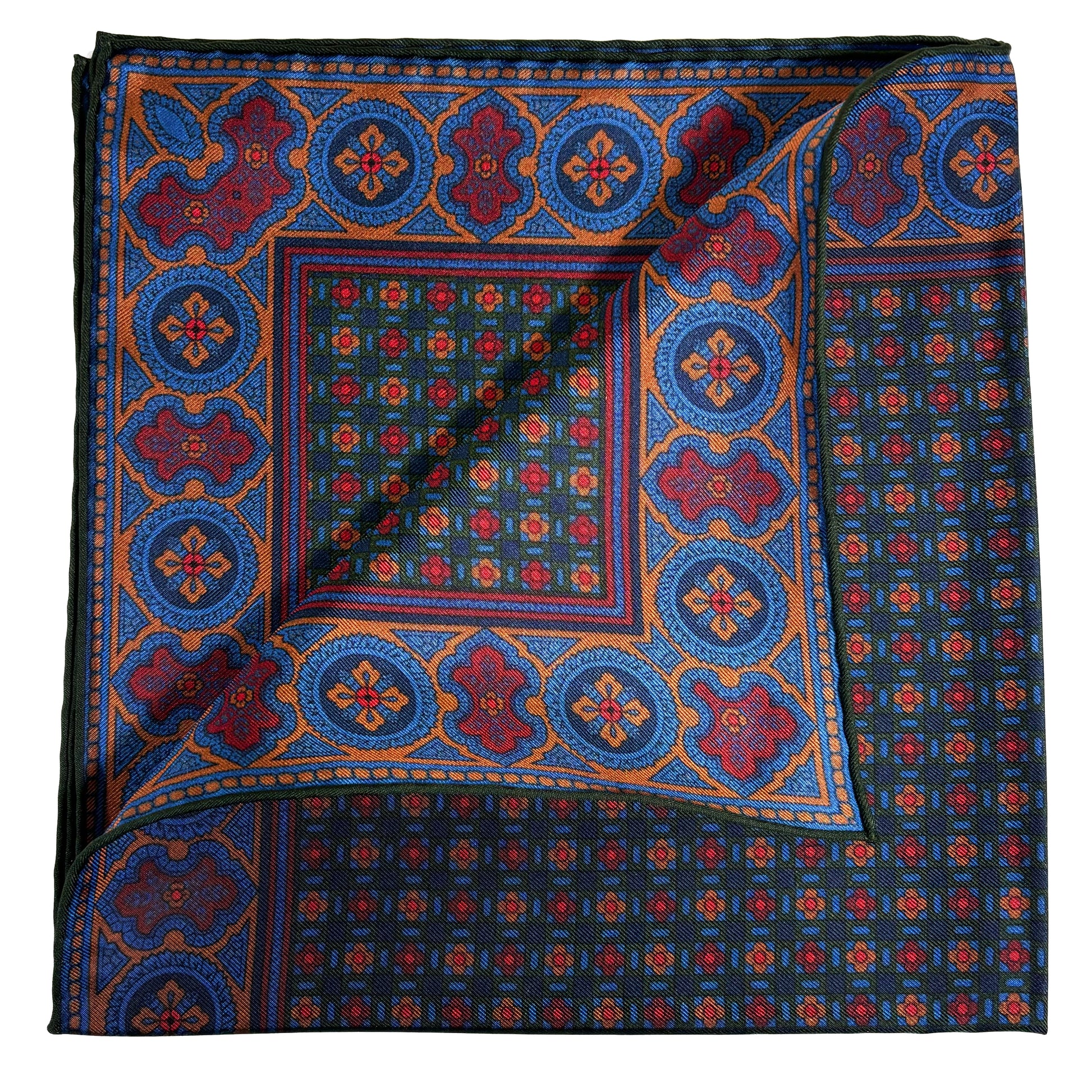 Forest Green & Bronze Small Geometric Ancient Madder Silk Pocket Square-2