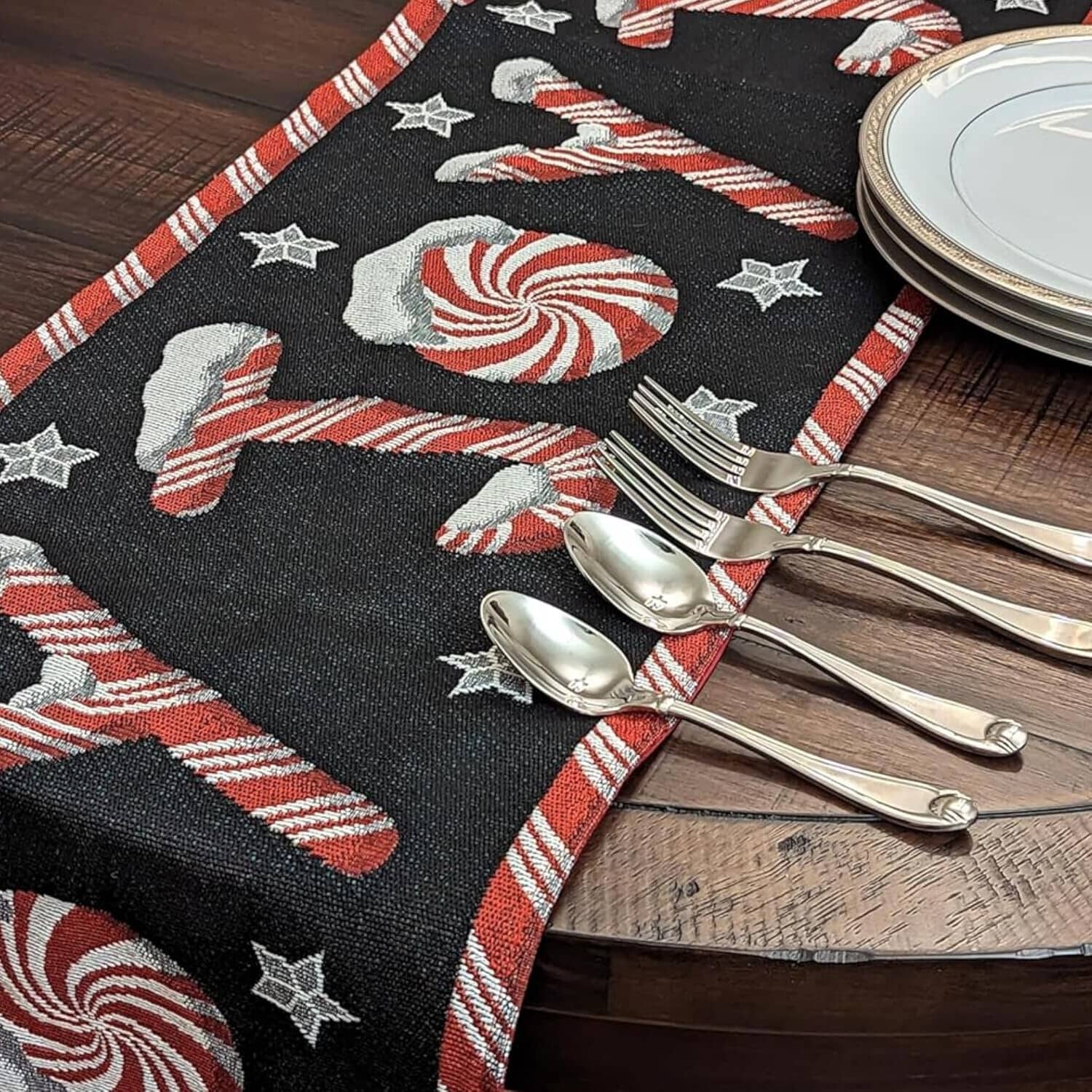 DaDa Bedding Peppermint Joy Red Black Holiday Tapestry Dining Table Runner (12904)-4