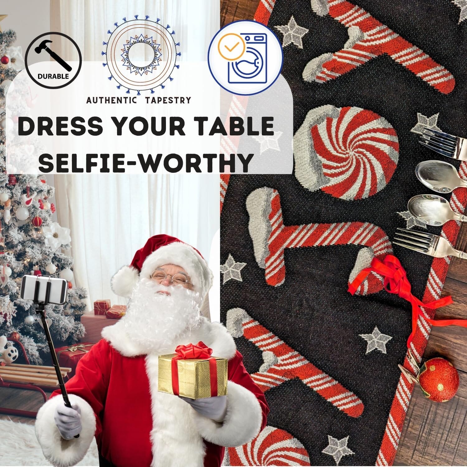 DaDa Bedding Peppermint Joy Red Black Holiday Tapestry Dining Table Runner (12904)-1