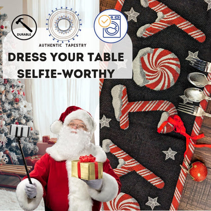 DaDa Bedding Peppermint Joy Red Black Holiday Tapestry Dining Table Runner (12904)-1