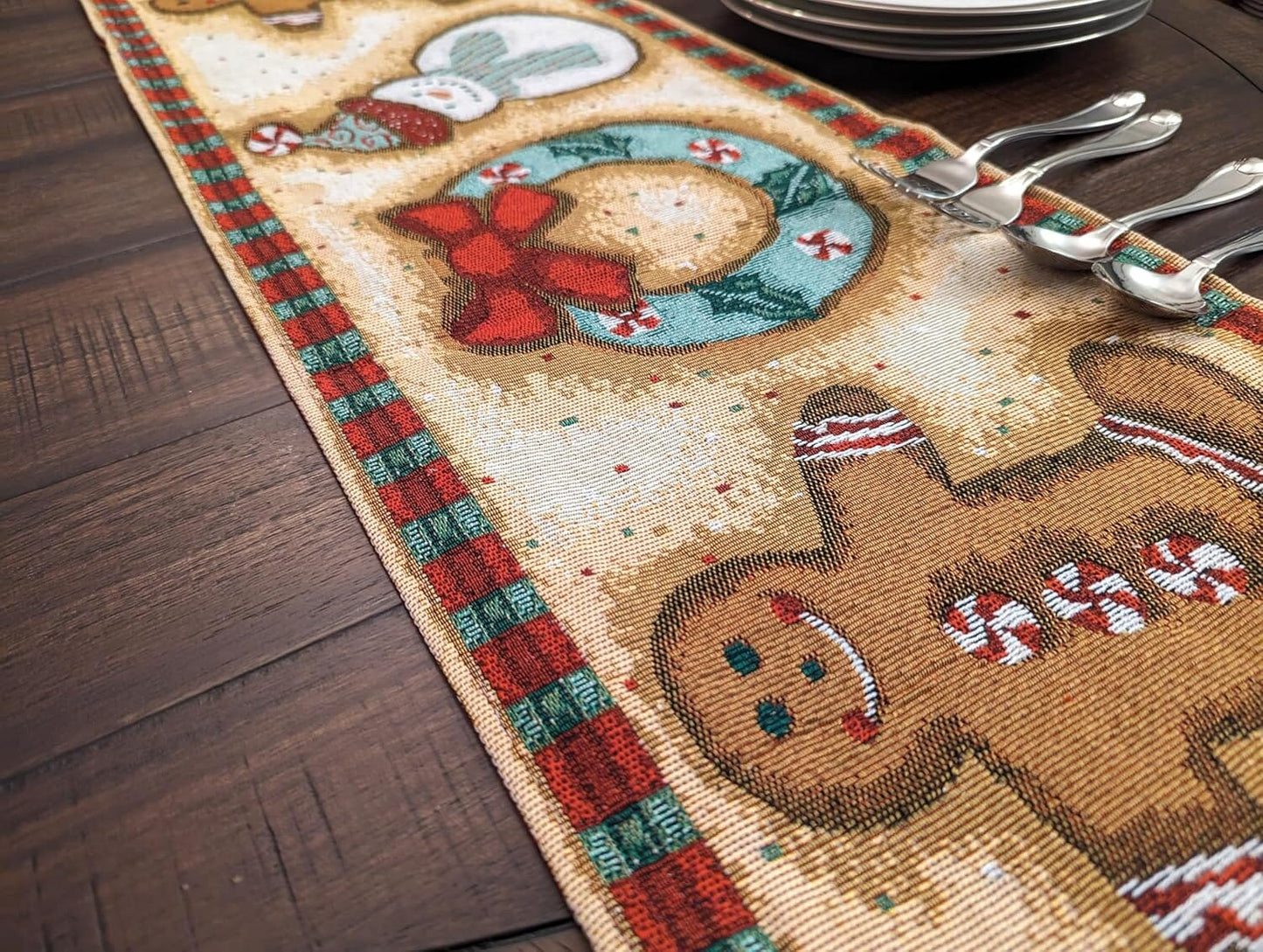 DaDa Bedding Gingerbread Snowman Holiday Woven Tapestry Dining Table Runner (12917)-4