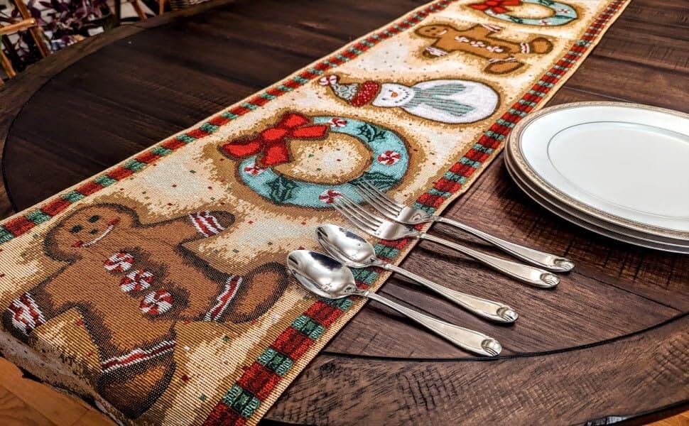 DaDa Bedding Gingerbread Snowman Holiday Woven Tapestry Dining Table Runner (12917)-0