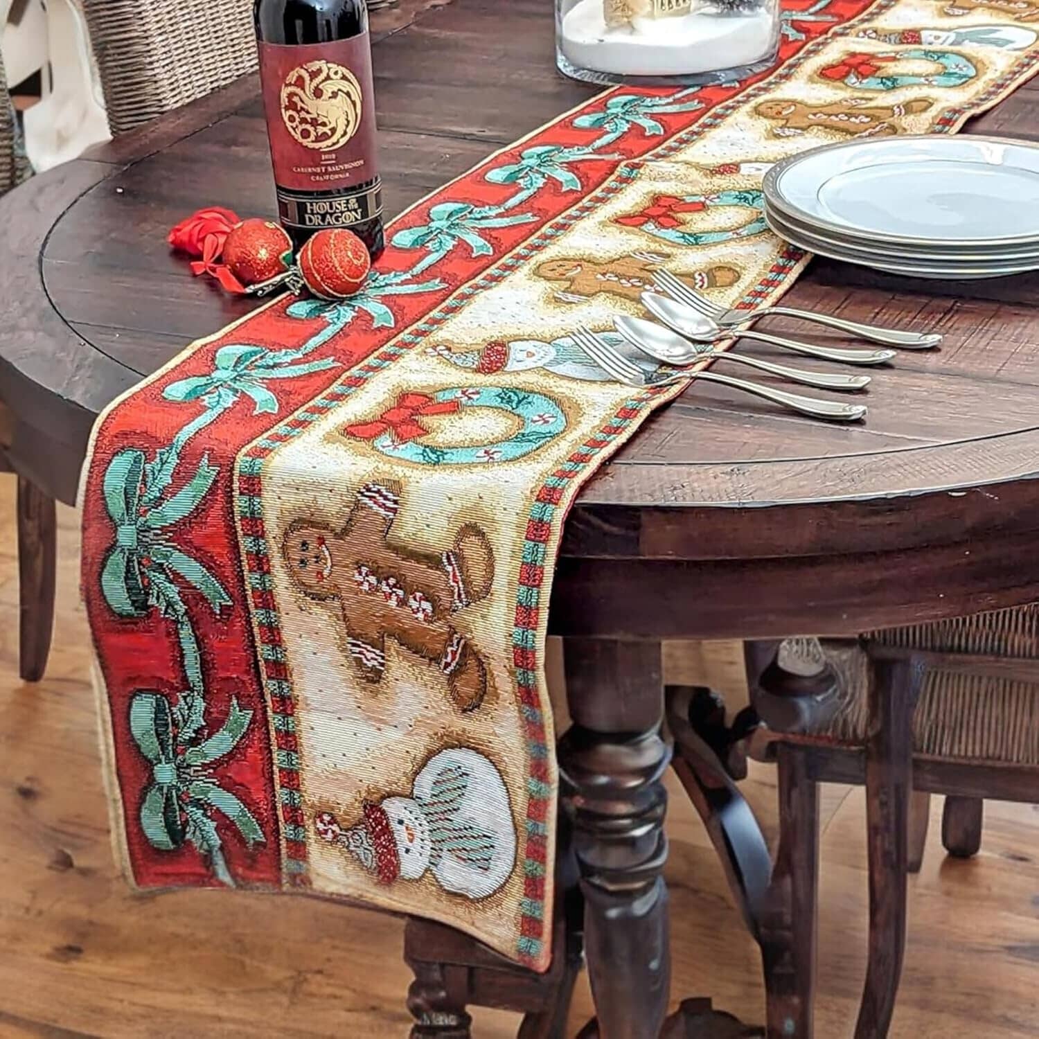DaDa Bedding Gingerbread Snowman Holiday Woven Tapestry Dining Table Runner (12917)-1