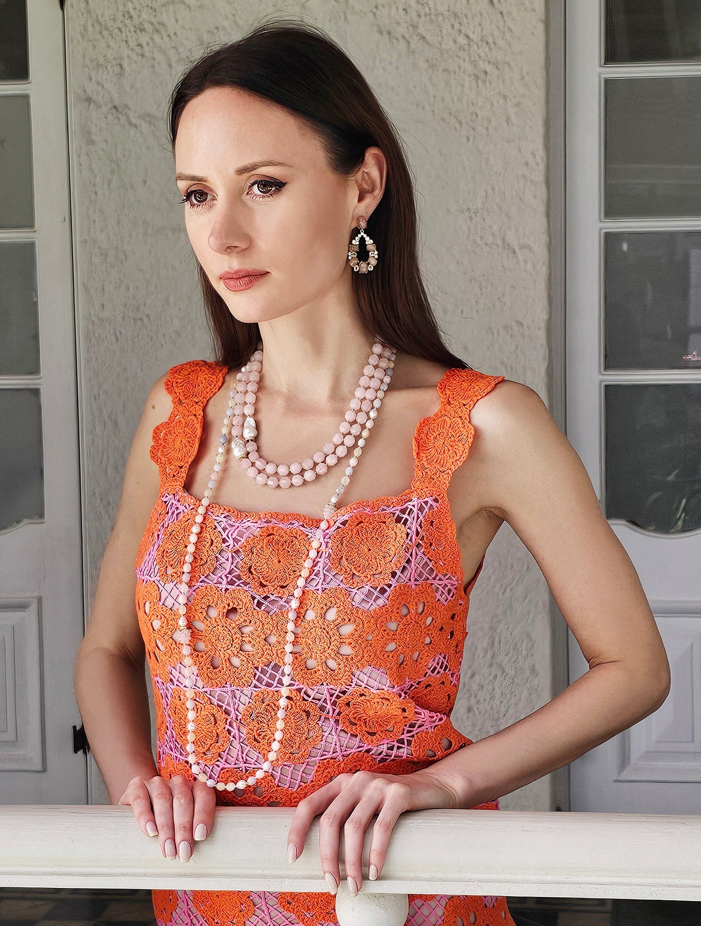 Faceted Rose Quartz With Baroque Pearls Double Layers Necklace PN039-1