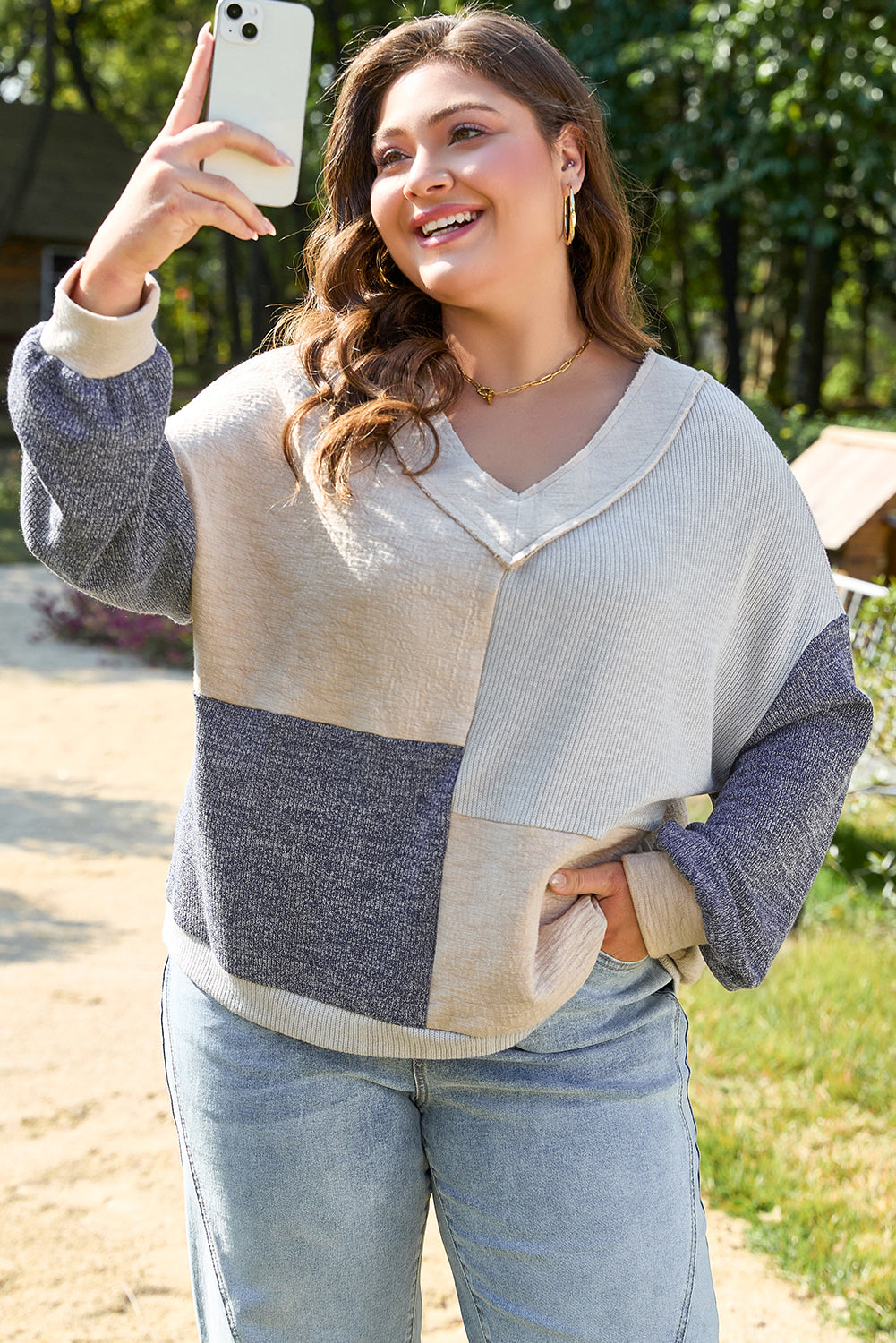 Elaina Plus Size Textured V Neck Top-3