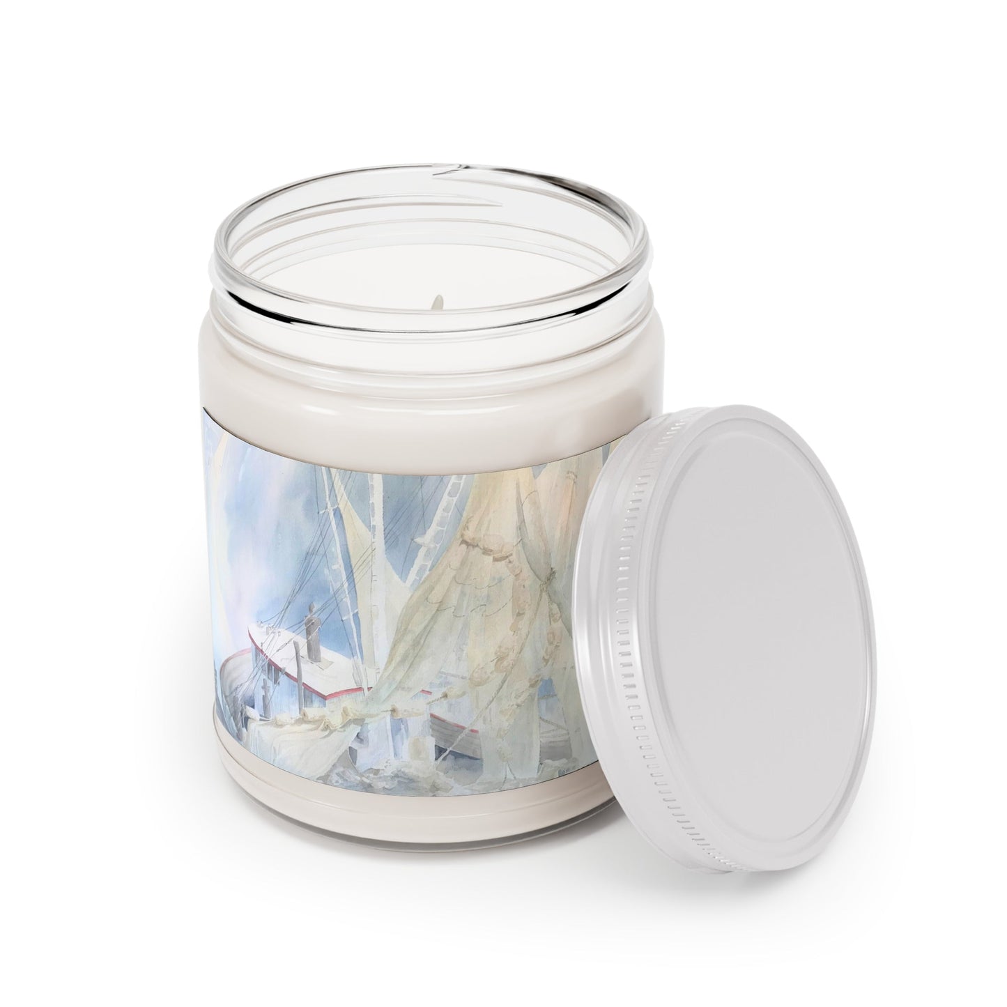 9oz Eco-Friendly Scented or Unscented Soy Wax Candle Jar  with 'Sailboat' Coastal Artwork by American Artist Barbara Cleary-0