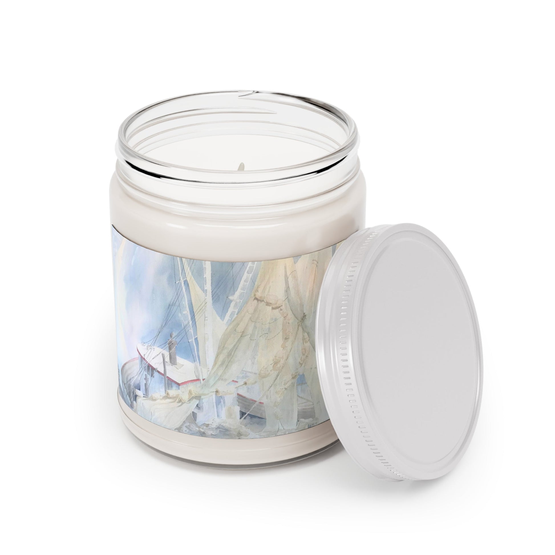 9oz Eco-Friendly Scented or Unscented Soy Wax Candle Jar  with 'Sailboat' Coastal Artwork by American Artist Barbara Cleary-0