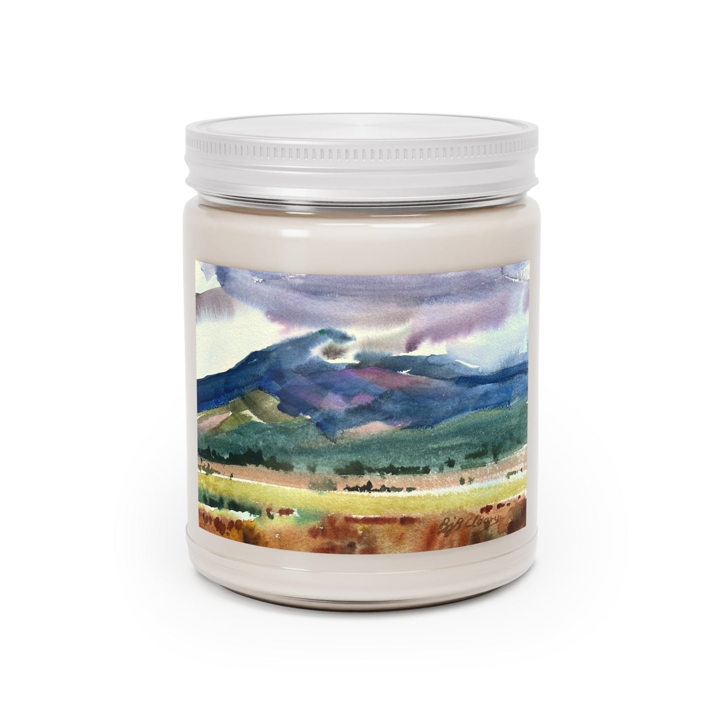 9oz Eco-Friendly Scented or Unscented Soy Wax Candle Jar with 'Tranquil Mountain View 2' Artwork by American Artist Barbara Cleary-0