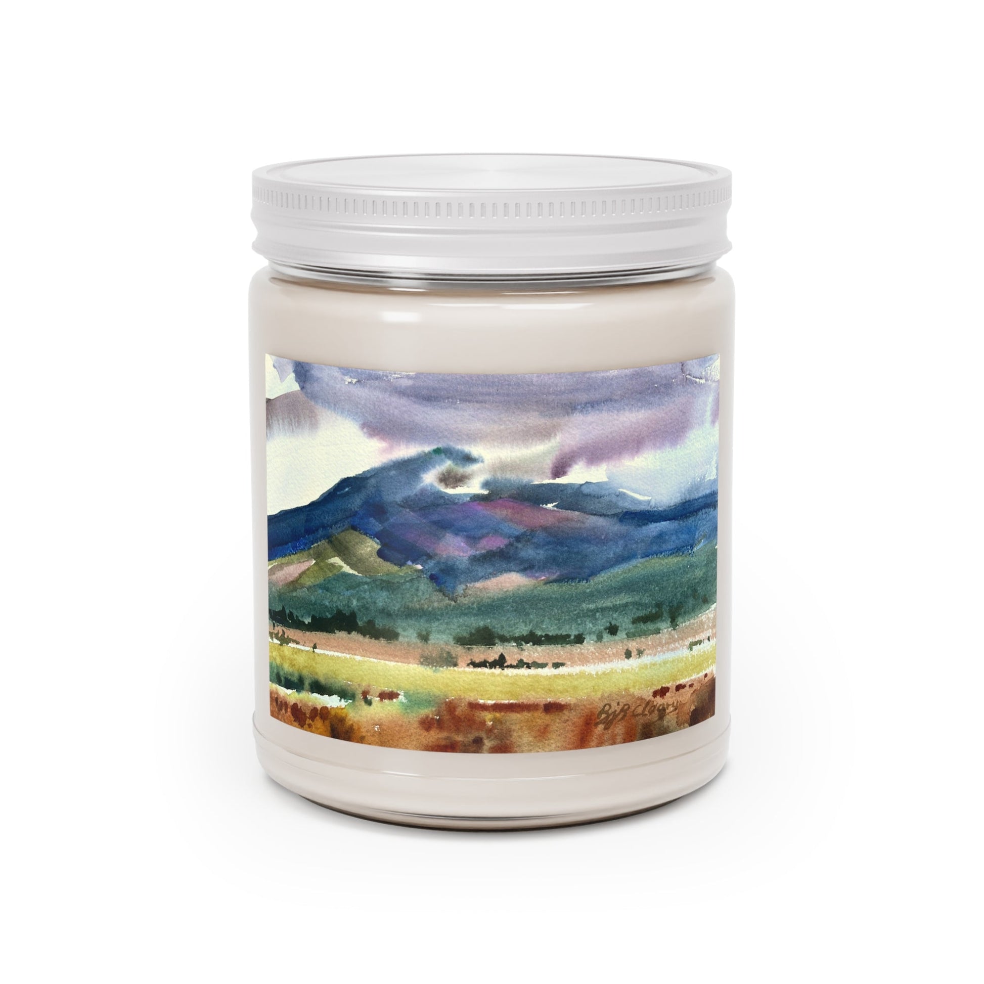 9oz Eco-Friendly Scented or Unscented Soy Wax Candle Jar with 'Tranquil Mountain View 2' Artwork by American Artist Barbara Cleary-0