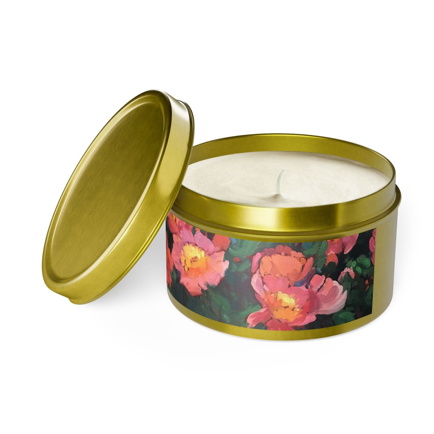 8oz Eco-Friendly Scented or Unscented Soy Wax Candle Tin with 'Pink Princess' Floral Artwork by American Artist Barbara Cleary-2
