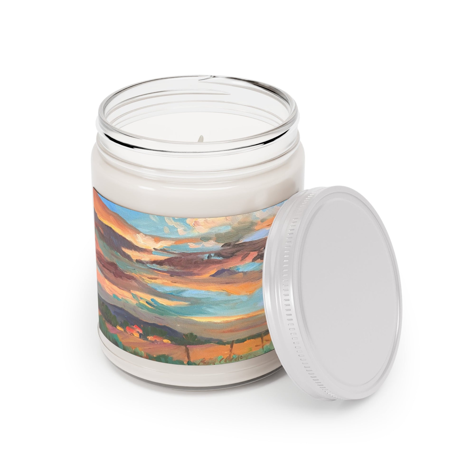 9oz Eco-Friendly Scented or Unscented Soy Wax Candle Jar  with 'Fall Sky' Artwork by American Artist Barbara Cleary (Fall Collection)-2