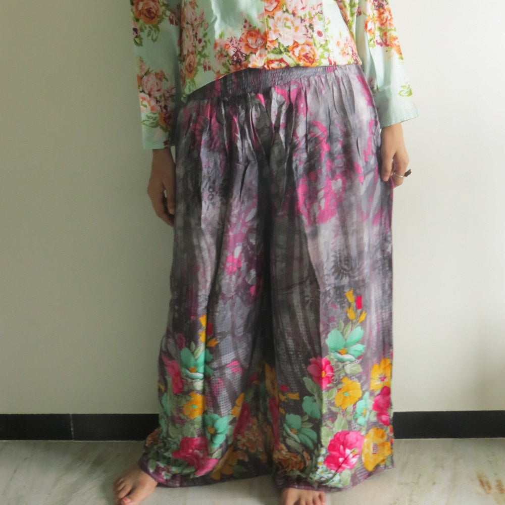 Gray Floral Wide Legged Elastic Pajamas-0