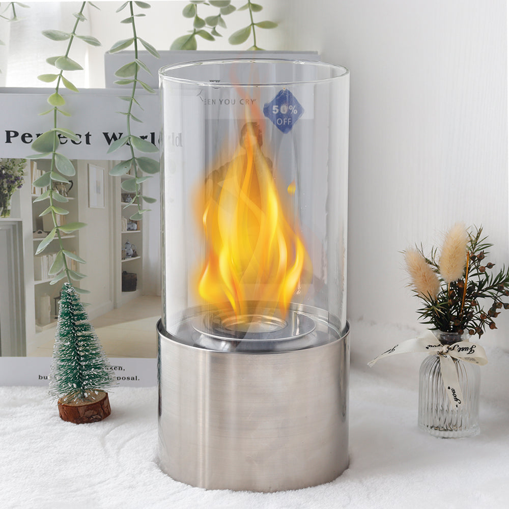 JHY DESIGN Portable Tabletop Firepit – Cylindrical Glass, 25cm H, Bio Ethanol Ventless, Indoor/Outdoor-4