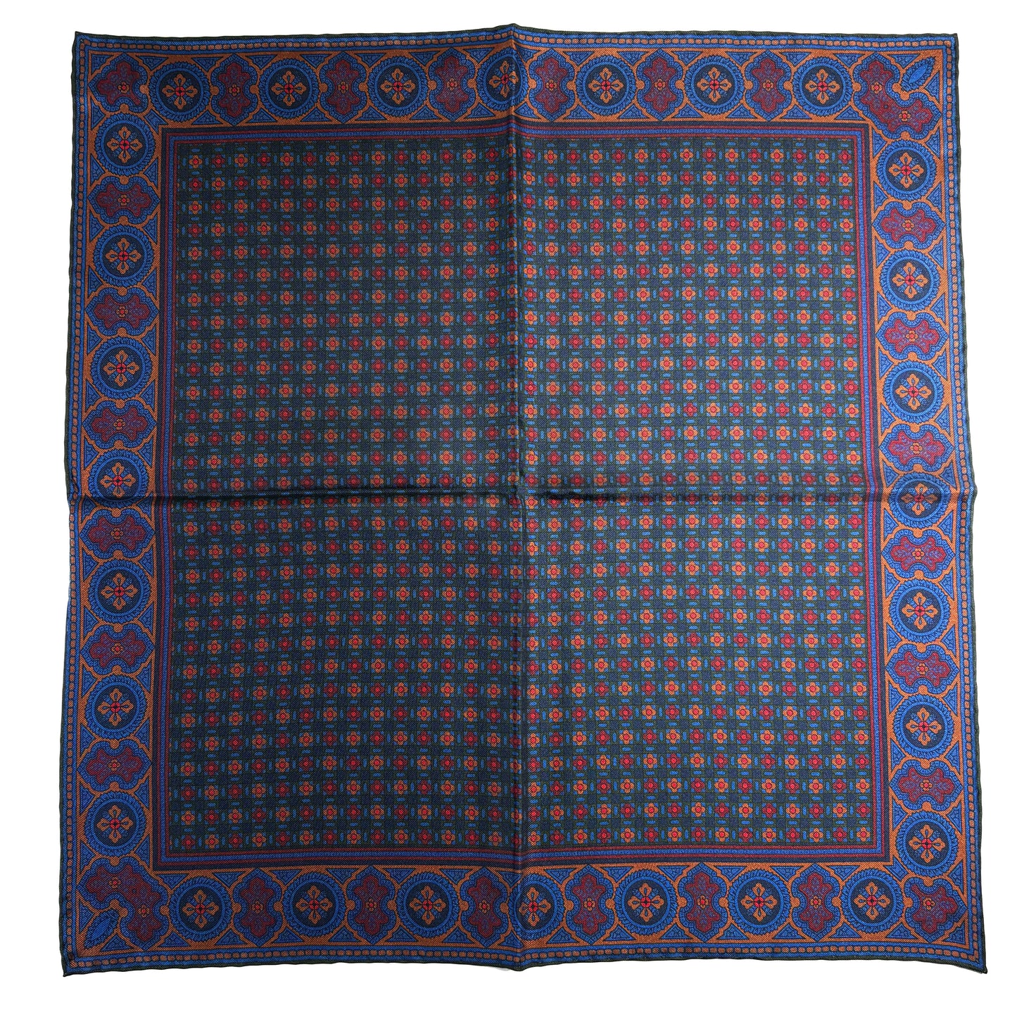 Forest Green & Bronze Small Geometric Ancient Madder Silk Pocket Square-3