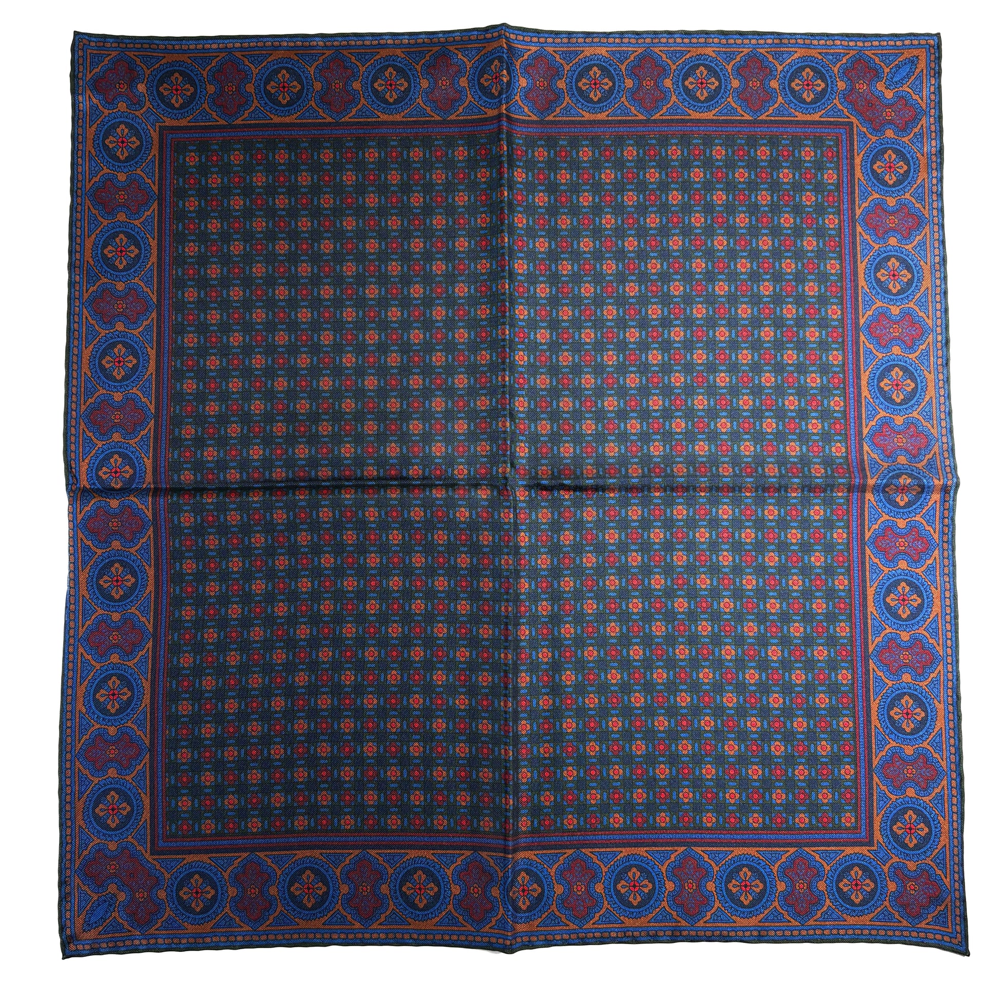 Forest Green & Bronze Small Geometric Ancient Madder Silk Pocket Square-3